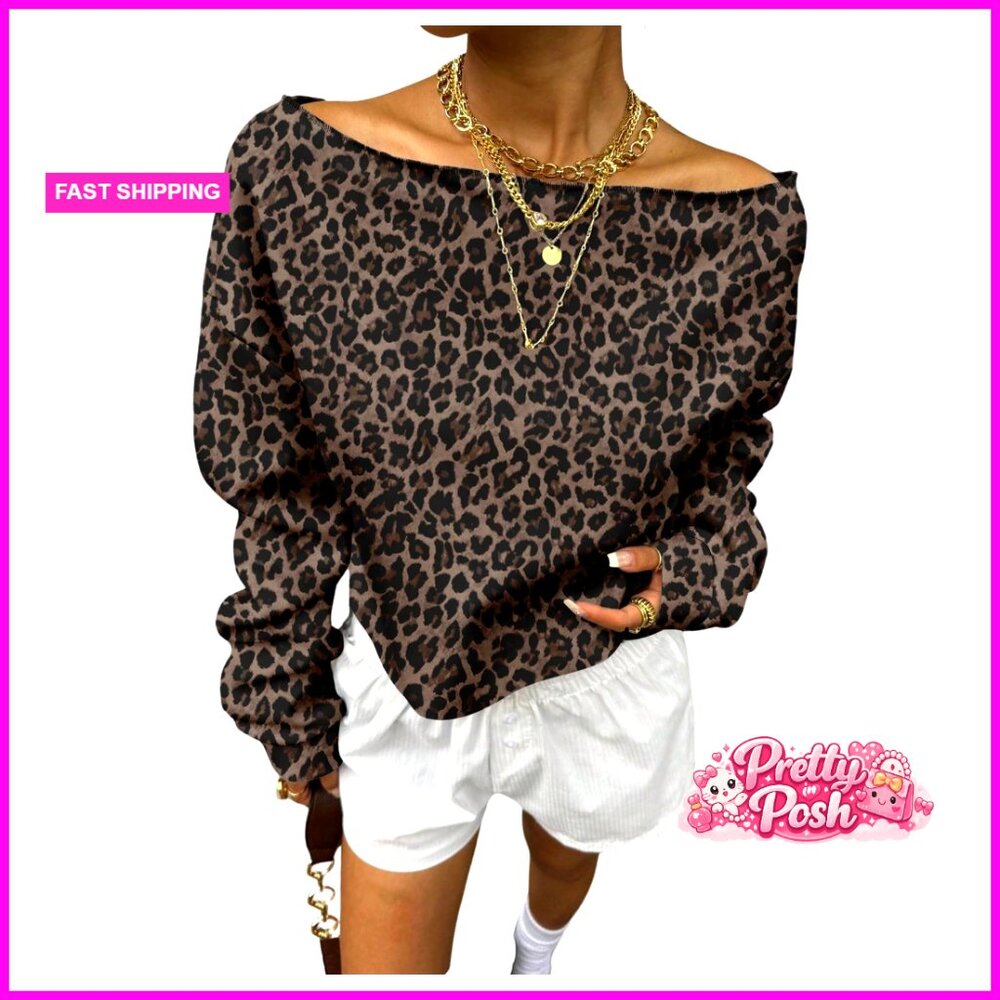 Off Shoulder Cropped Sweatshirt Pullover Cheetah … - image 1